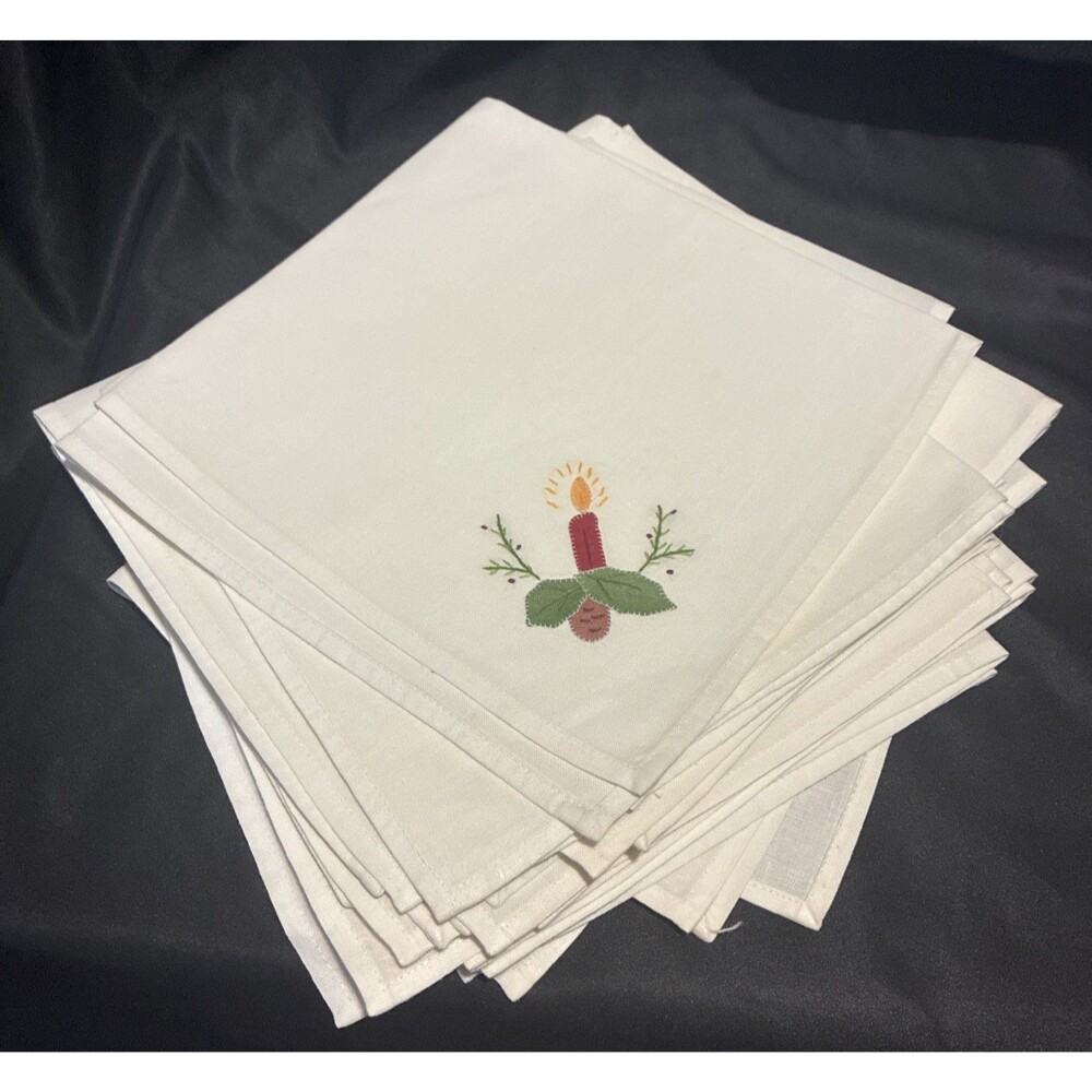 Christmas Cloth Napkins Set of 12 Embroidered Candle Holly Applique White